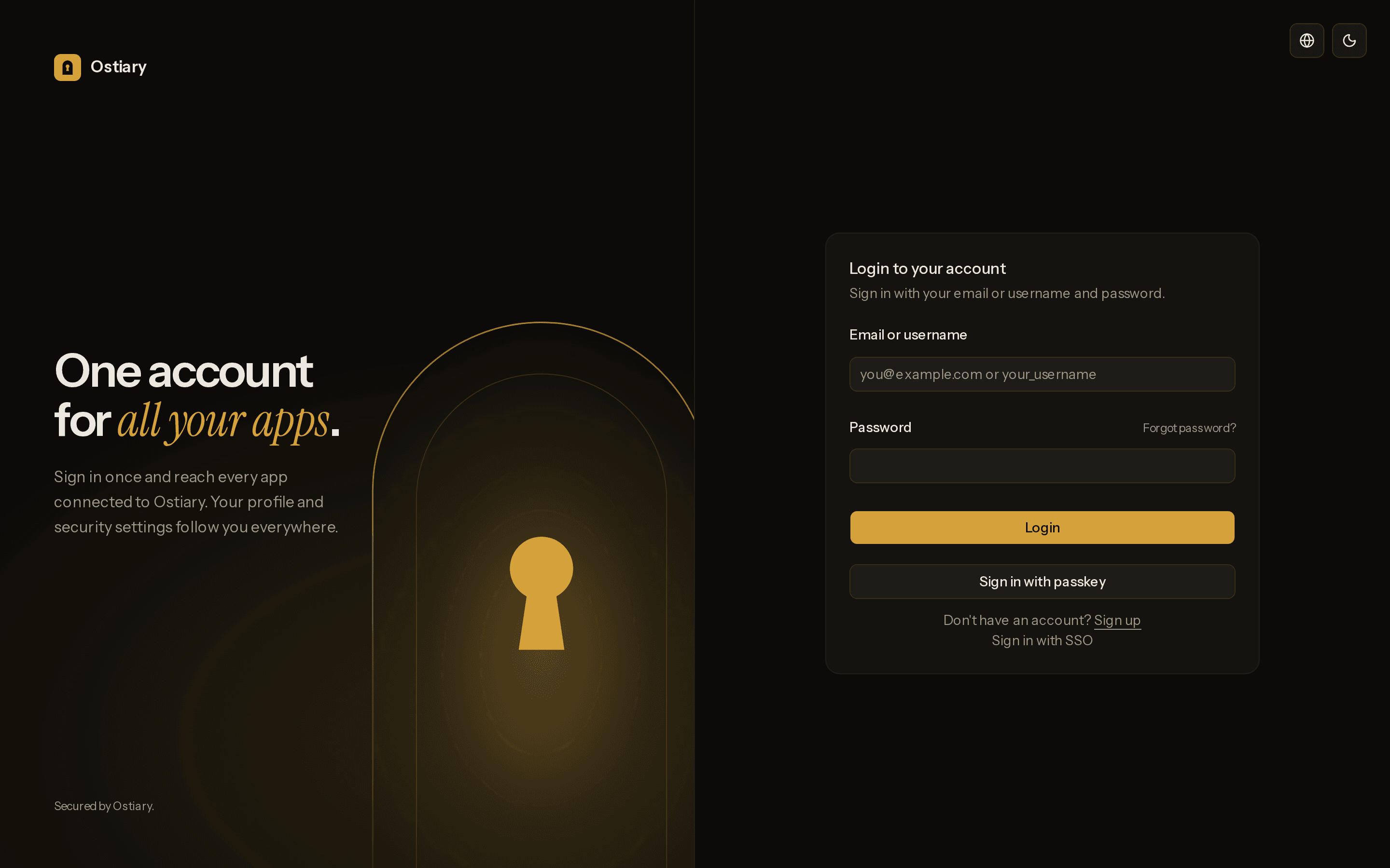 The Ostiary sign-in screen: a dark brand panel with a brass doorway, and the sign-in form with email, password and passkey options.